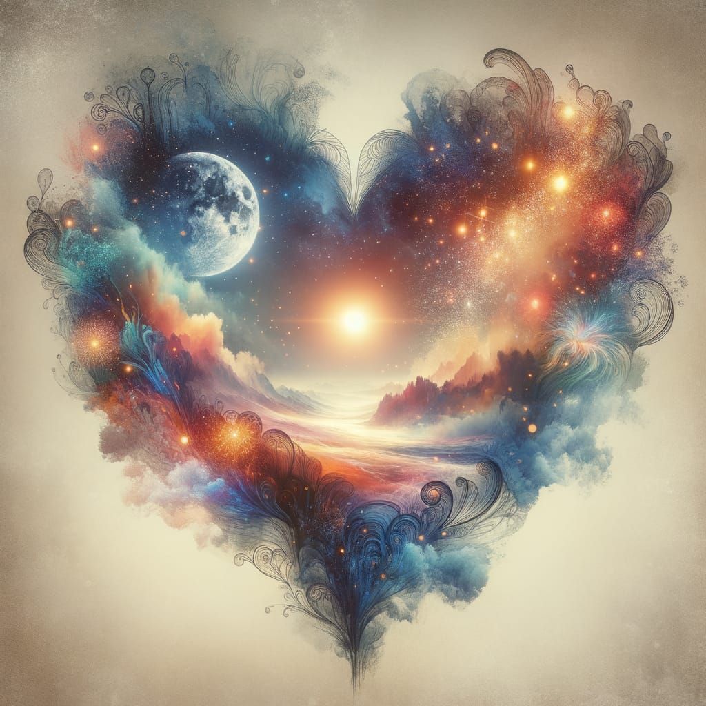 Surreal Heart Landscape in Double Exposure Style