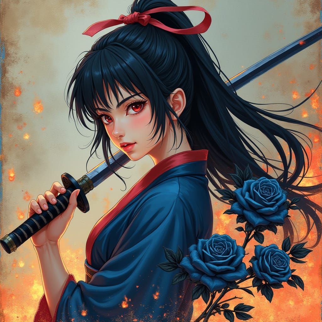 Anime Warrior with Katana and Fire Effects