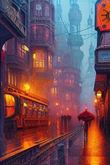 Victorian Steampunk City on a Rainy Day