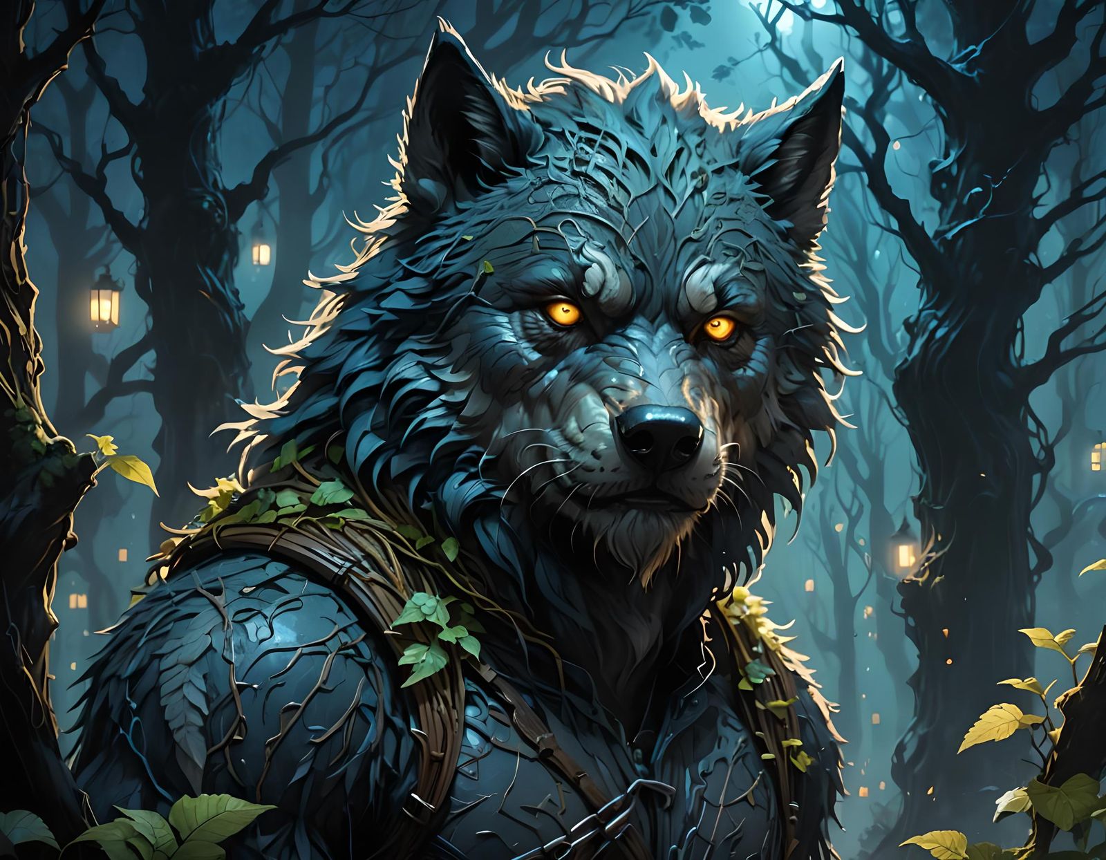 Chibi Wolfman Portrait in Dark Forest Style