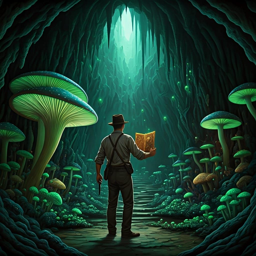 Indiana Jones in Emerald Cave with Glowing Mushrooms