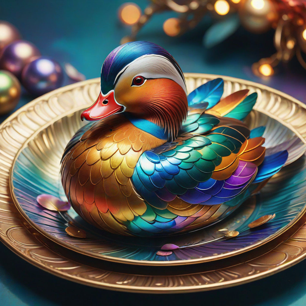 Whimsical Mandarin Duck on Ornate Plate in Vibrant, Hyper-Re...