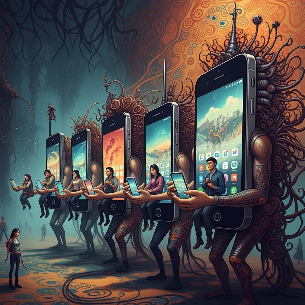 Cell Phones Holding People in Klimt & Giger Style