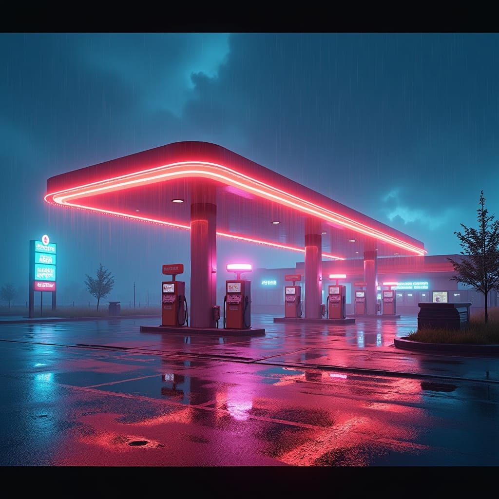 Neon Gas Station at Night in Science Fiction Style