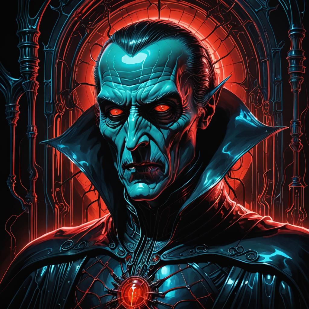 Glass Dracula with Bioluminescent Nerves, Neon Illustration