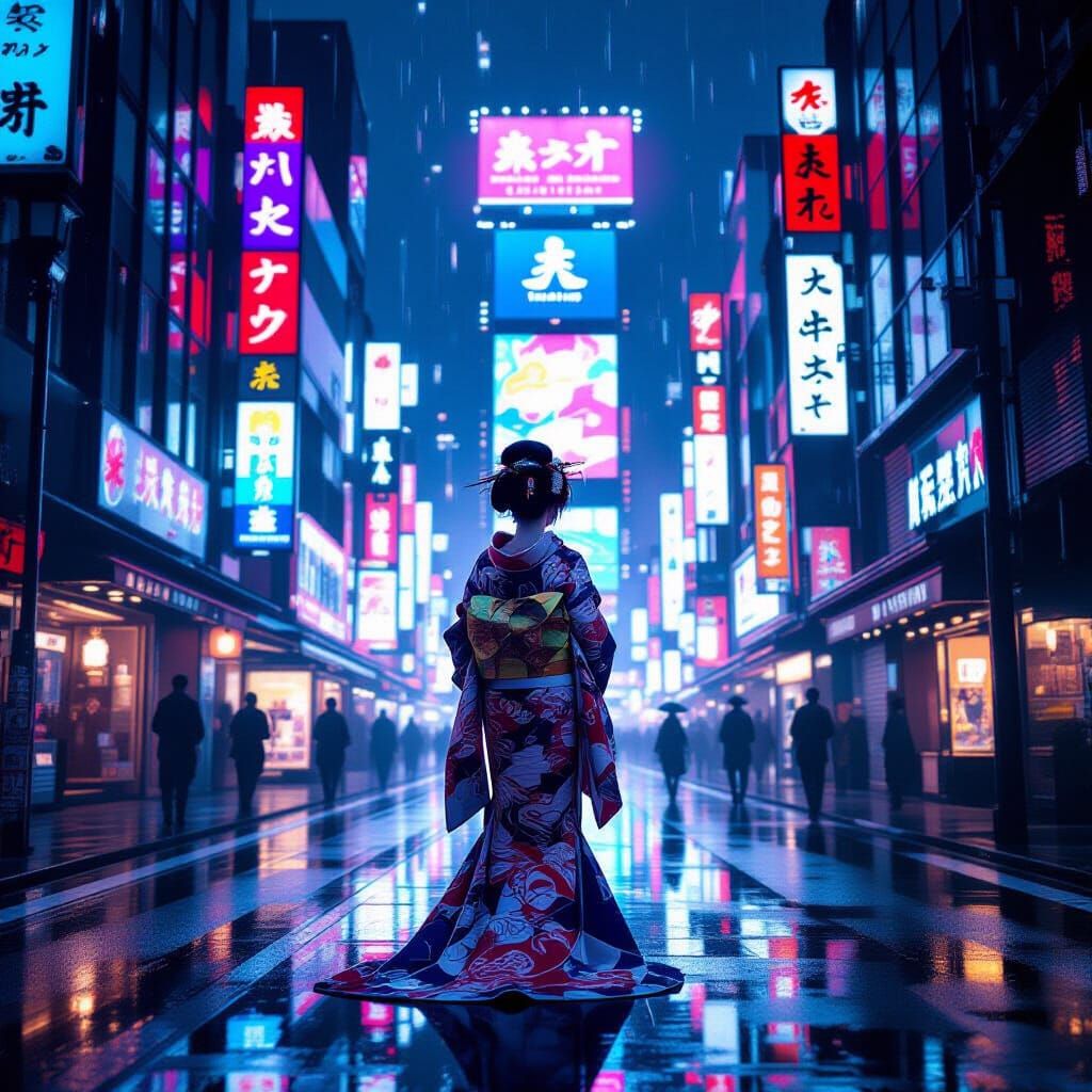 Cyberpunk Geisha in Futuristic Tokyo Street