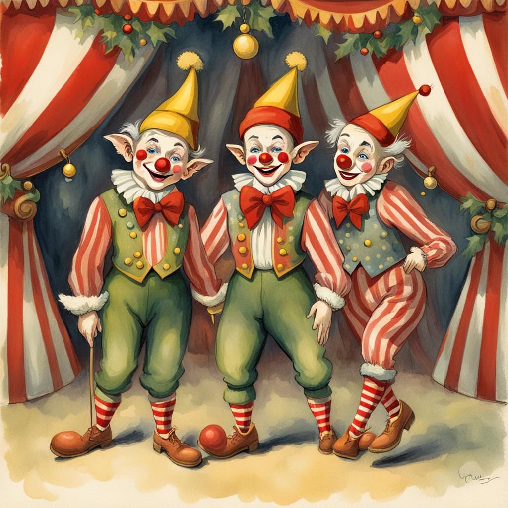 Christmas Elves as Circus Clowns Illustration
