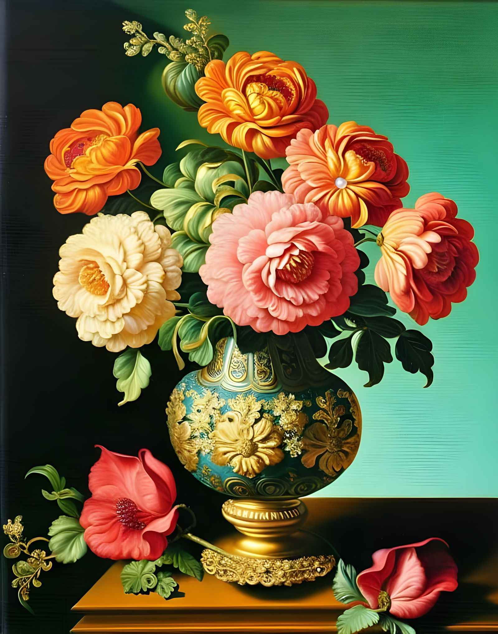 Baroque Floral Bouquet in Ornate Gold Vase