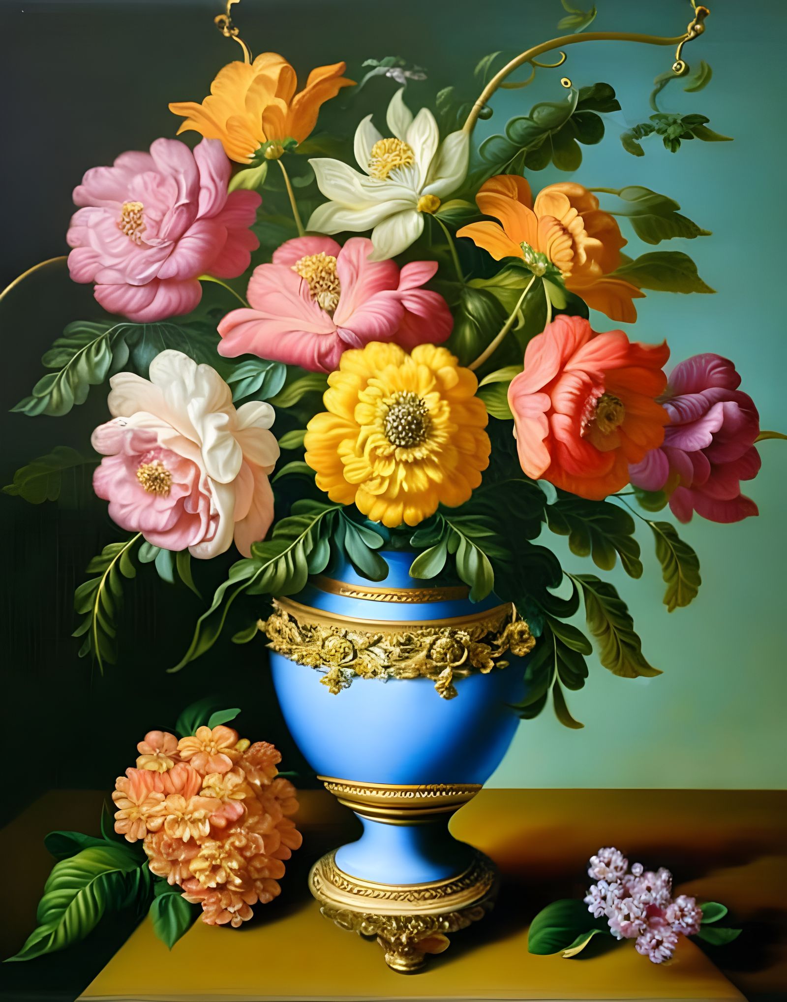 Baroque Floral Masterpiece in Ornate Gold Vase