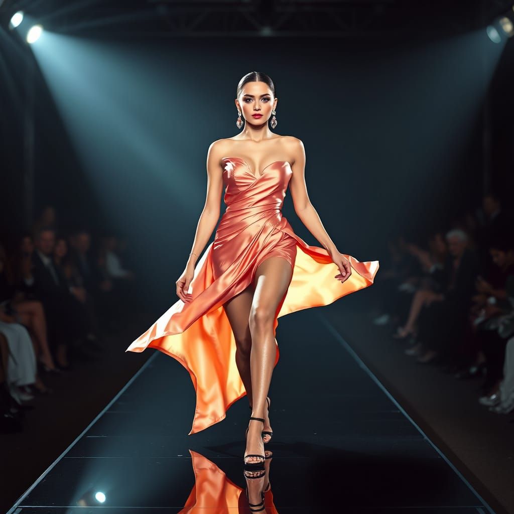 High-Fashion Model Struts Down Luxurious Catwalk in Dramatic...