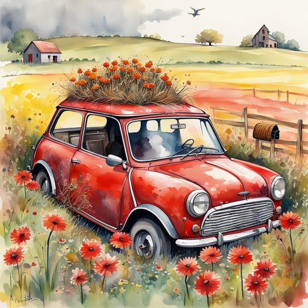 Abandoned Mini Cooper Chicken Coop: Watercolor Painting
