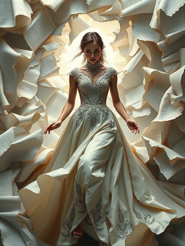 Elegant Woman Frozen in a Swirling Vortex of Torn Paper