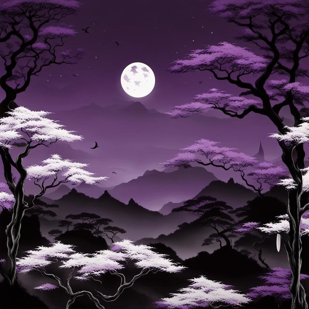 Asian Design with Moon in Purple, White, and Black
