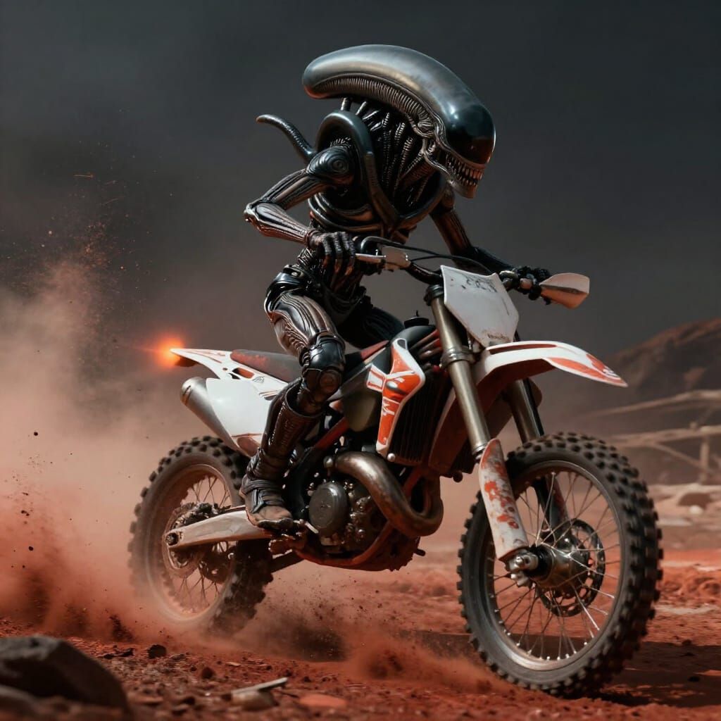 Biomechanical Alien Rides Dirt Bike in Dusty Wasteland