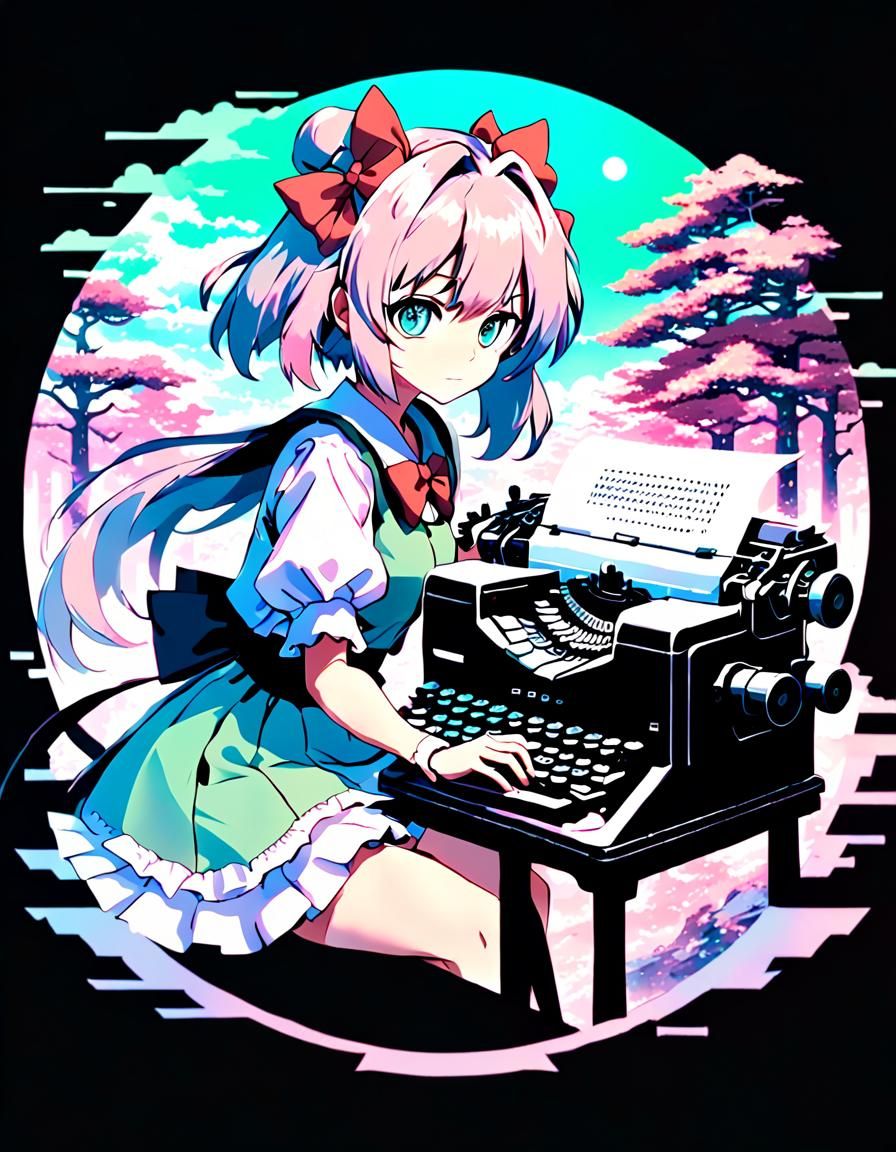 Magical Girl in Vaporwave Style with Typewriter