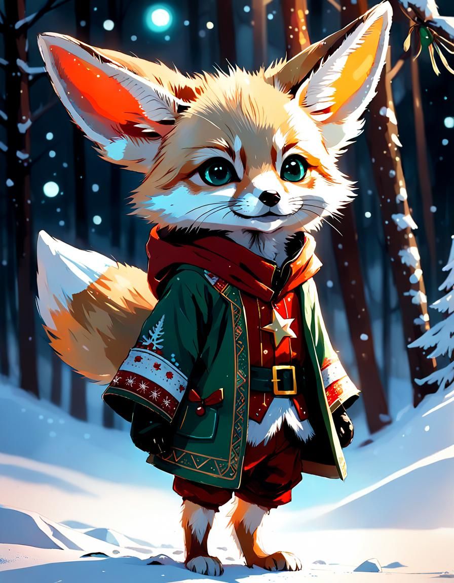 Cute Fennec Fox in Festive Christmas Outfit as Digital Paint...
