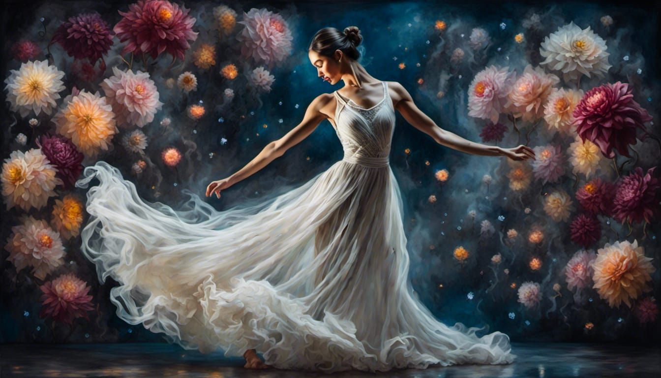 Ballerina in White Dress with Dahlias and Moon