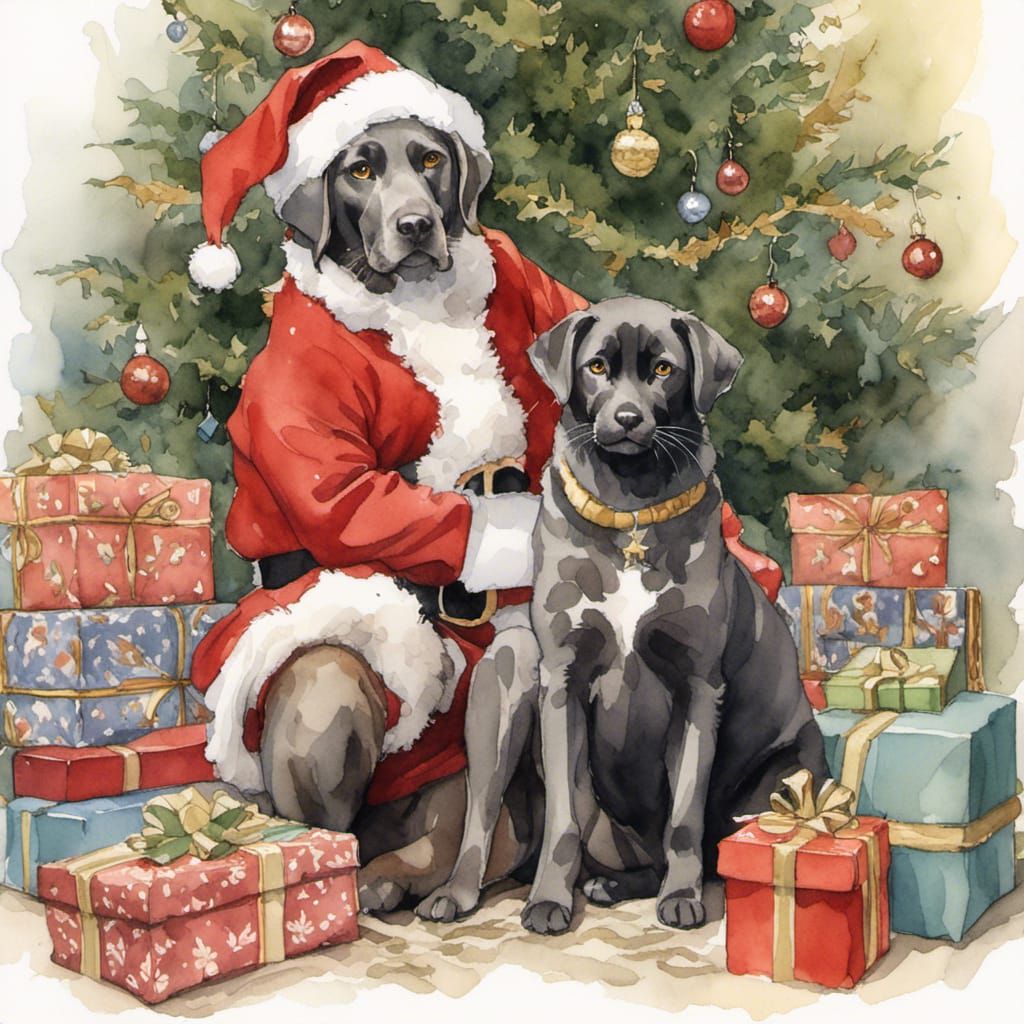 Santa Cat and Dog Portrait with Gifts