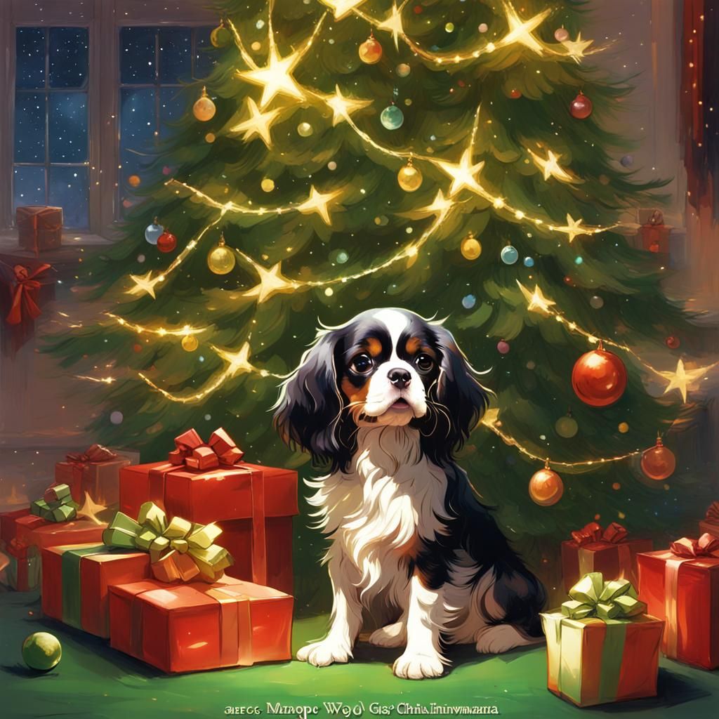 Cavalier King Charles puppies ready for Christmas party