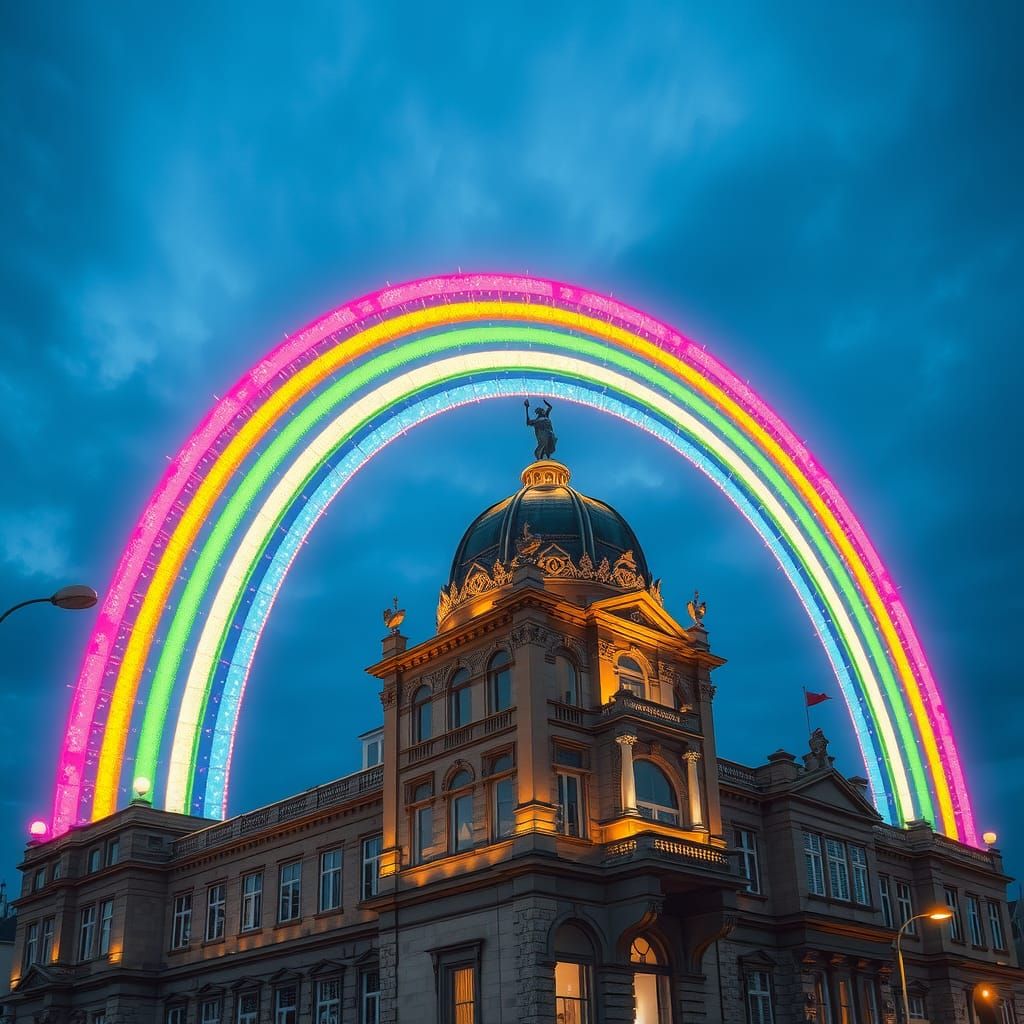 drawing of a rainbow-shaped statue over the building, lumino...