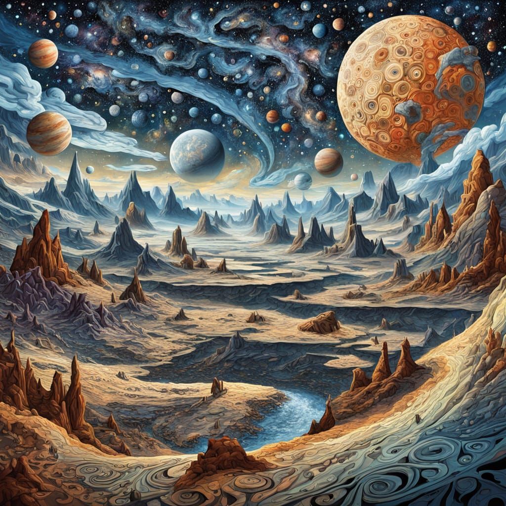 Surreal Cosmic Landscape with Ancient, Weathered Faces