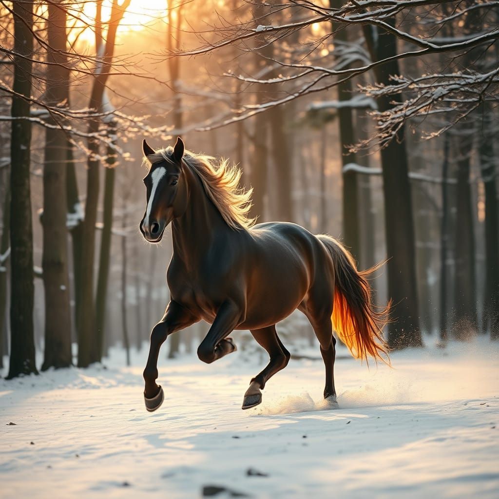 Stunning Snow-Covered Forest Horse Gallops with Majestic Mov...