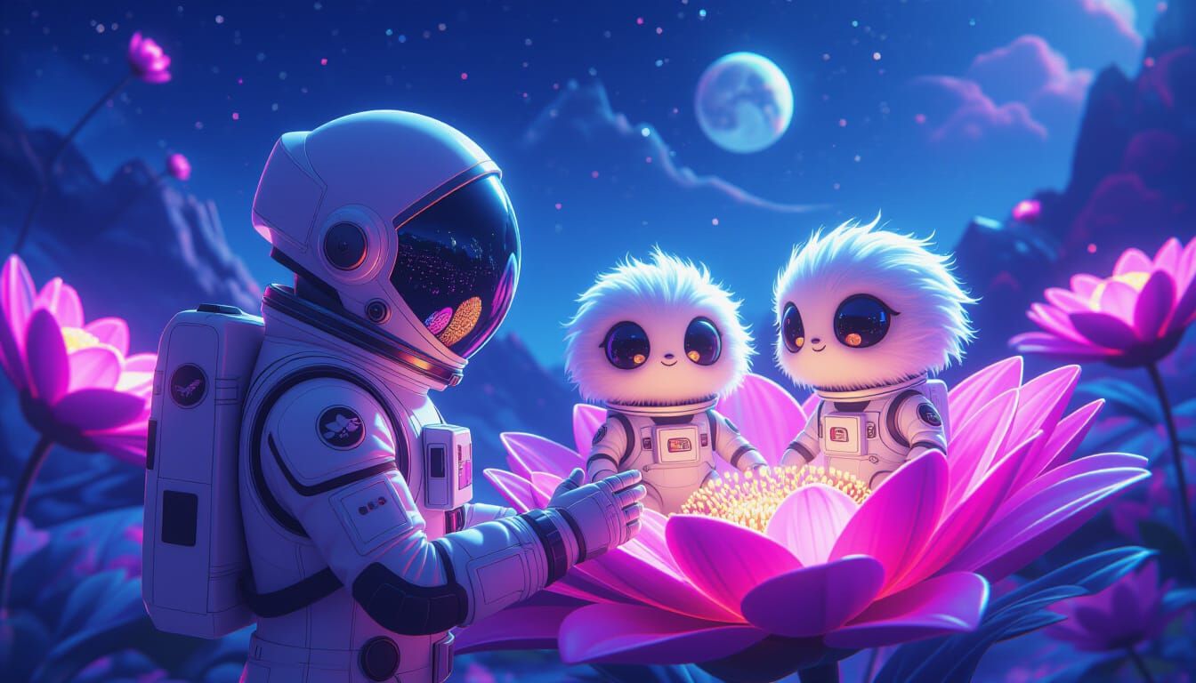 Astronaut's First Contact on a Neon Flower Planet