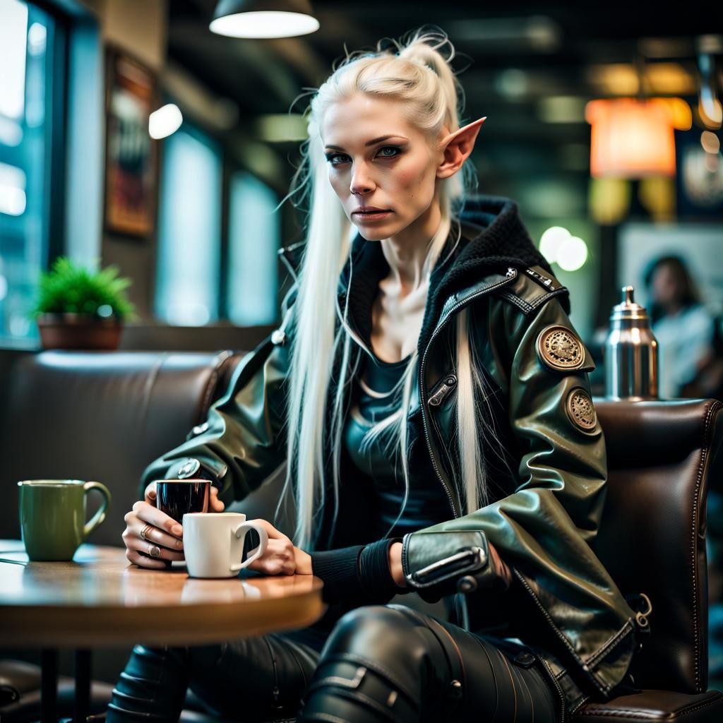 Cyberpunk Elf Relaxing with Coffee, Hyperreal CGI