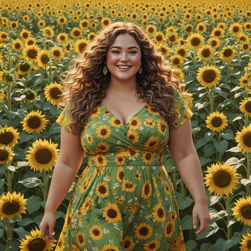 Radiant Plus-Size Woman in Sunflower Field, 3D Render