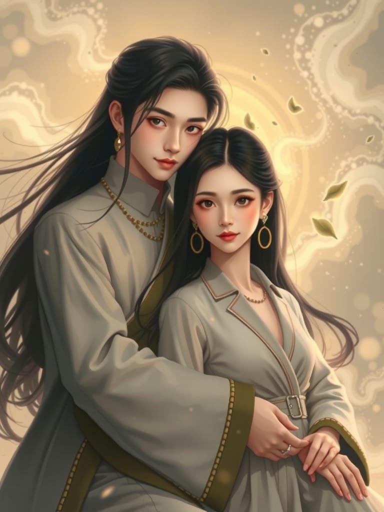 Elegant K-pop Couple in Art Nouveau-Inspired Portrait