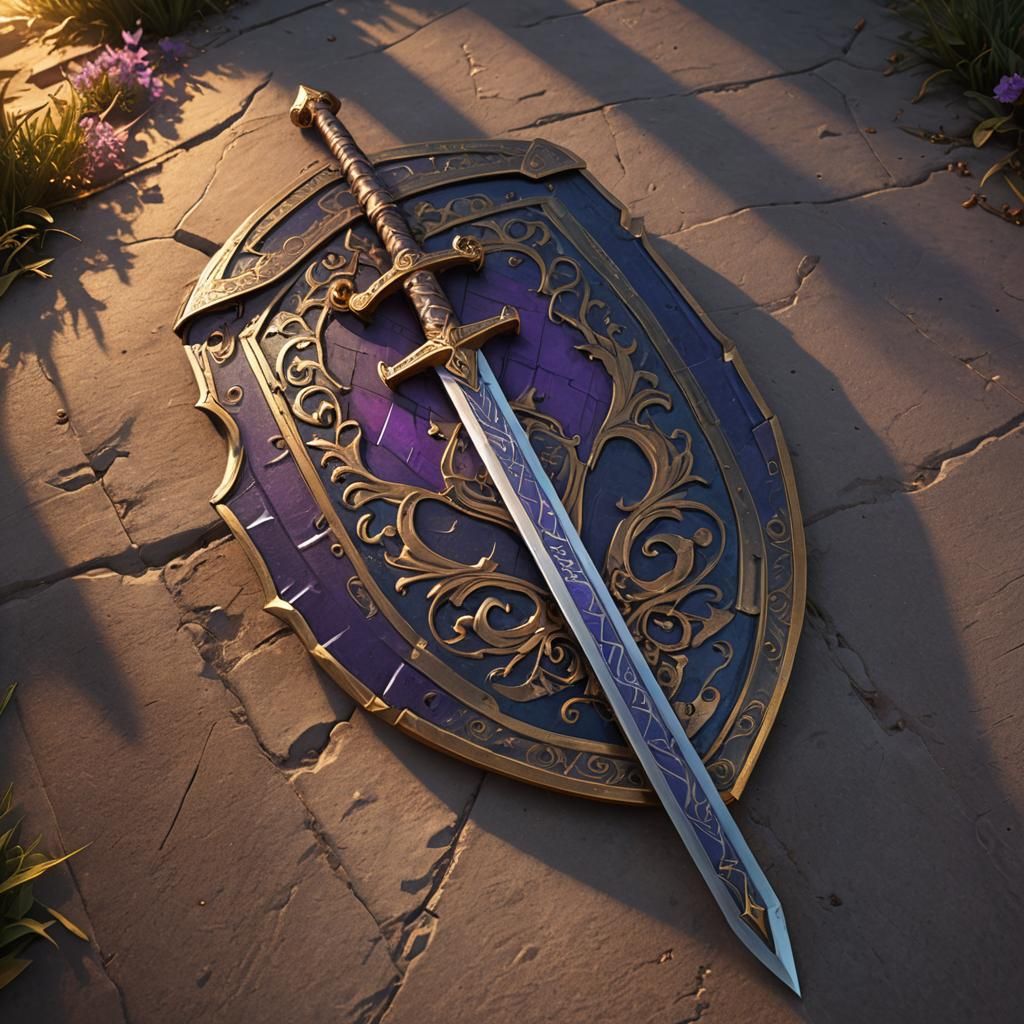 Fantasy Sword and Shield in Golden Hour Light