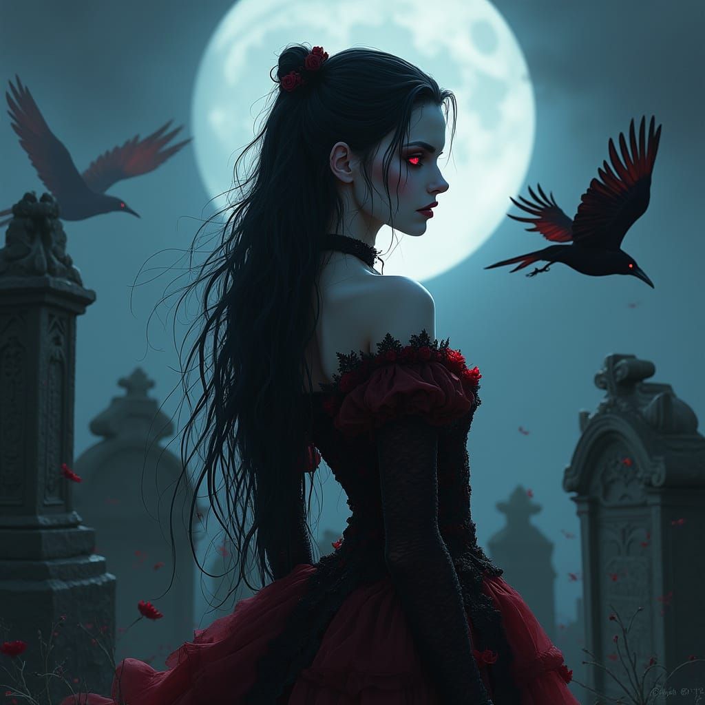 Gothic Vampire in Graveyard, Fantasy Art