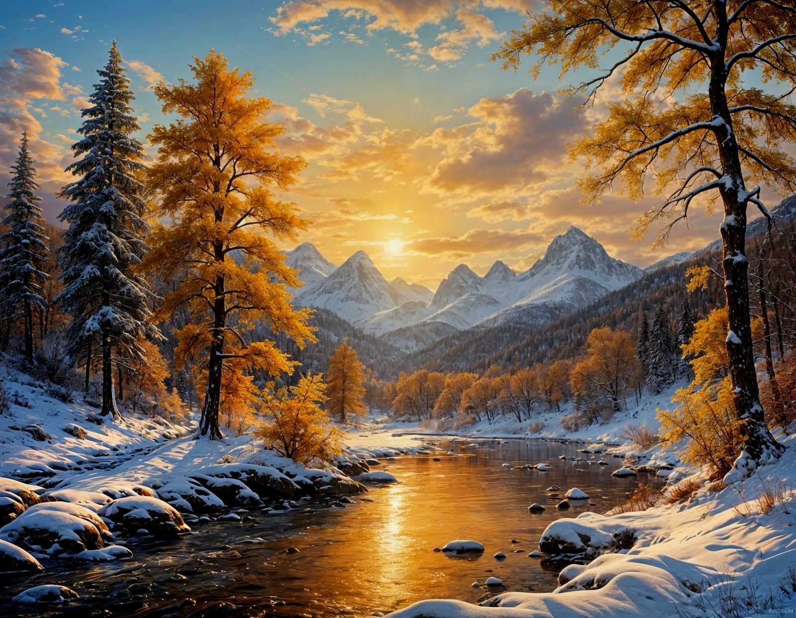 Winter Sunset Landscape with Majestic Mountains