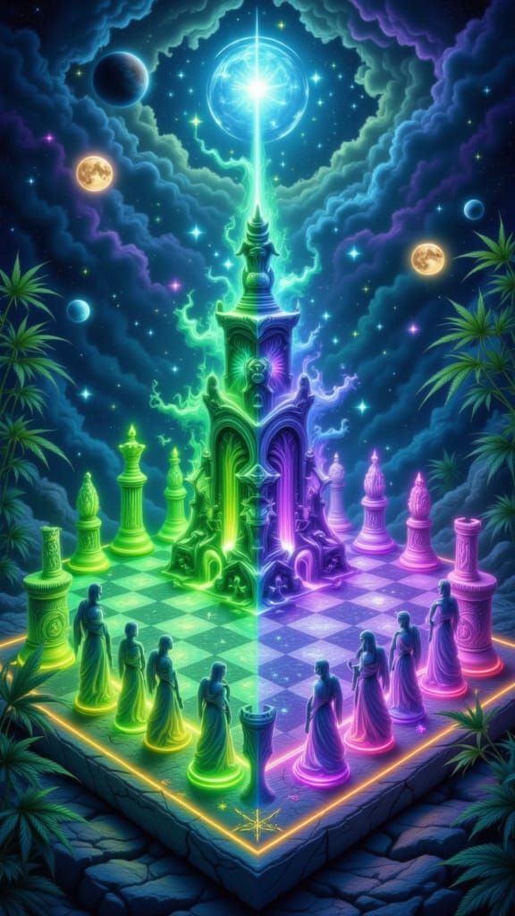 Mystical Cannabis Chessboard with Sativa and Indica Pieces