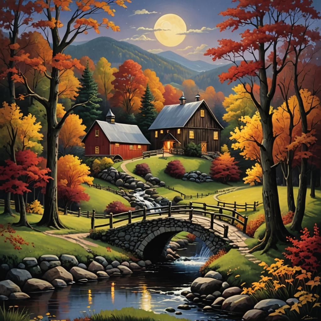 Autumn Farm Landscape in Luminist Oil Style