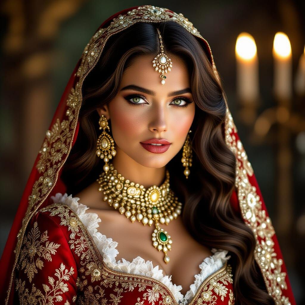 Elegant Brunette in Red and Gold Avant-Garde Gown