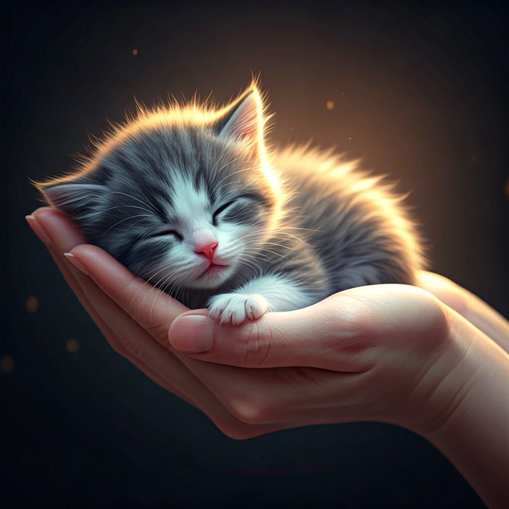 Sleeping Kitten in Hand: 3D Anime Concept Art