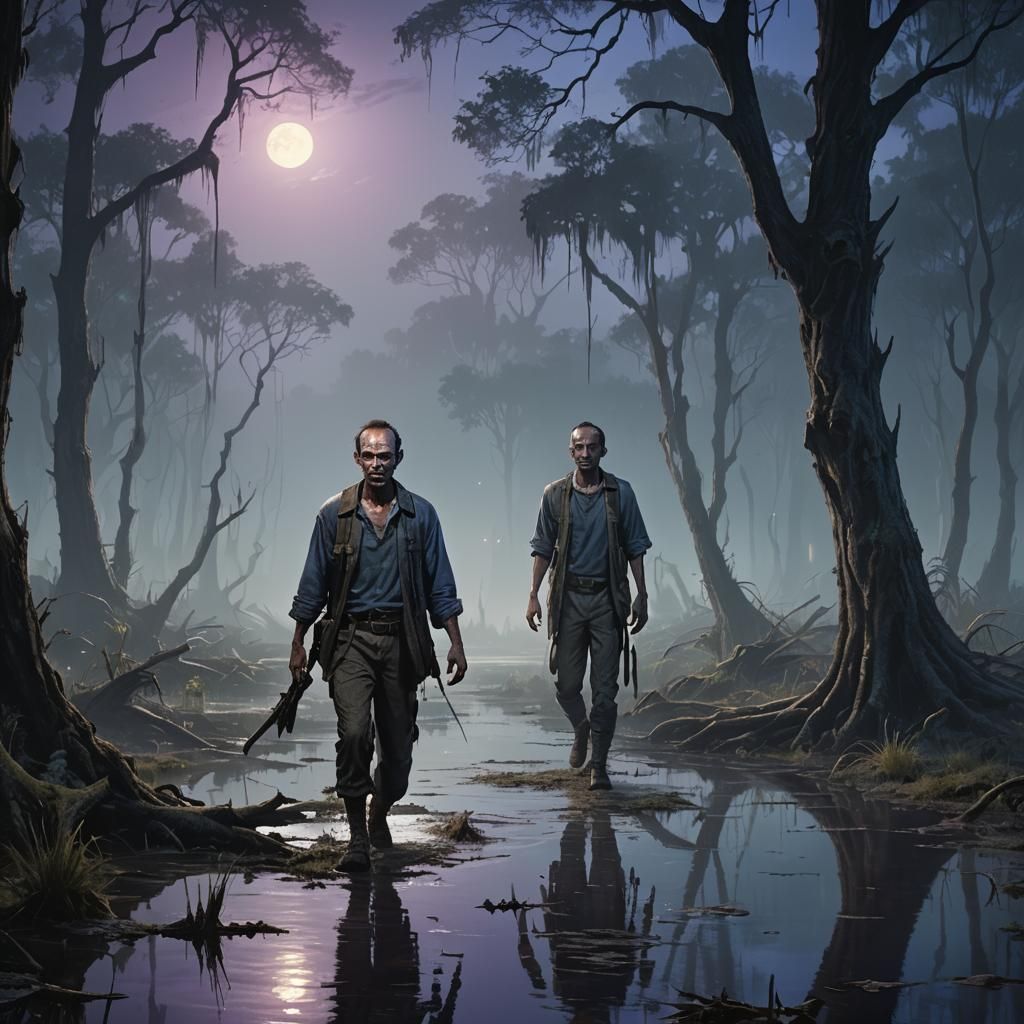 Hyperrealistic Portrait: Man Walks in Moonlit Swamp