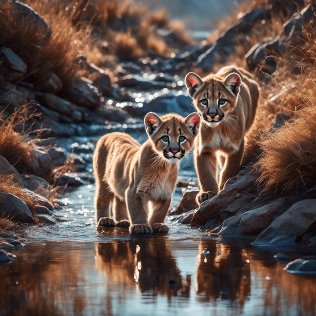 Puma Cubs Drinking: Photorealistic Animal Portrait