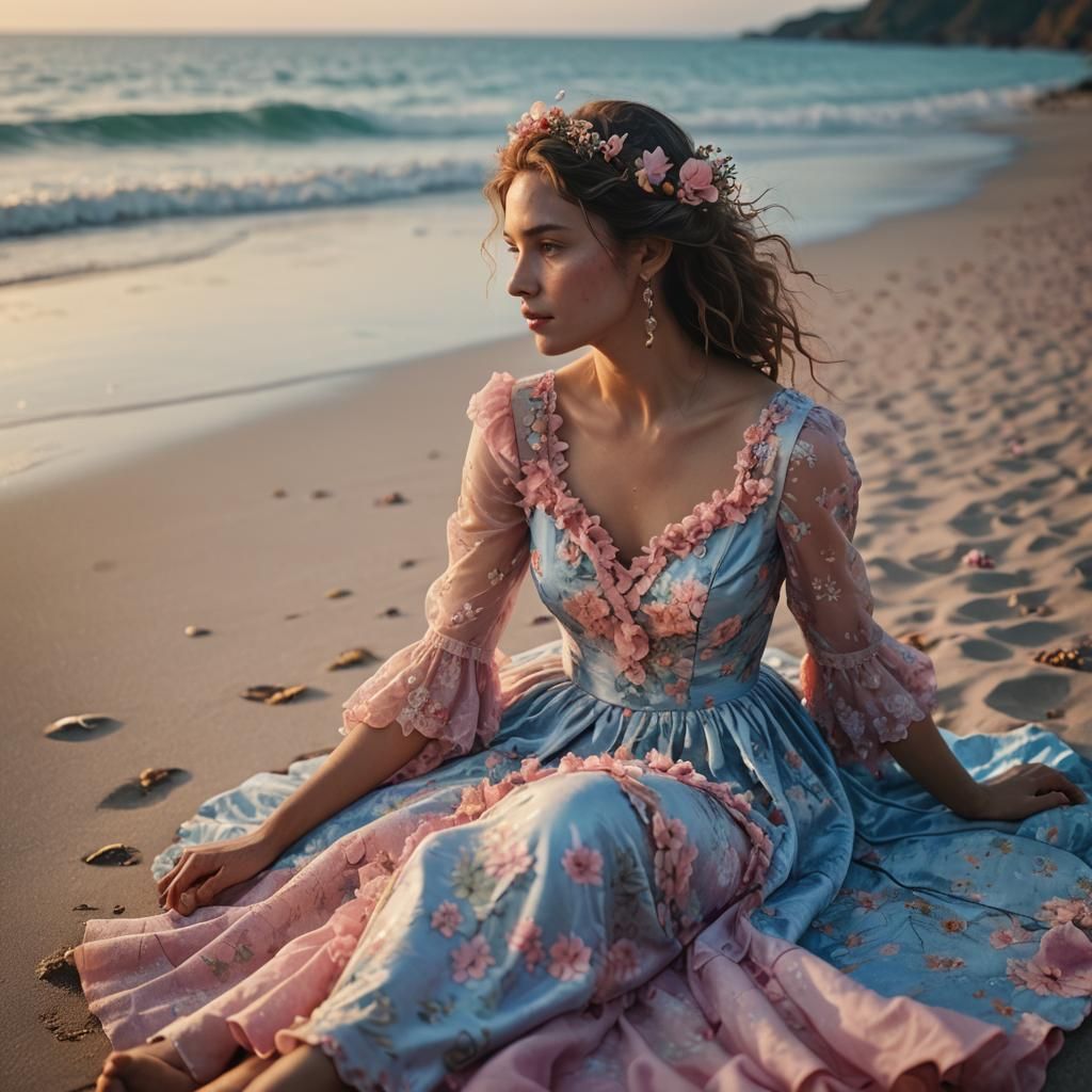 Enchanted Woman on Pink Beach at Sunset