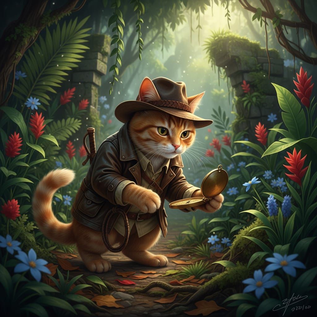 Indiana Jones Cat Adventurer in Jungle