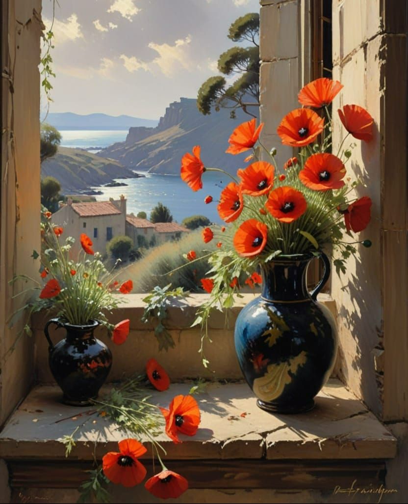 Vibrant Red Poppies on a Rustic Windowsill