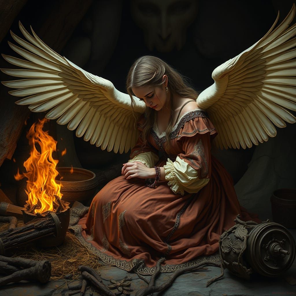 Mystical Angelic Figure in Dark, Hyperrealistic Scene