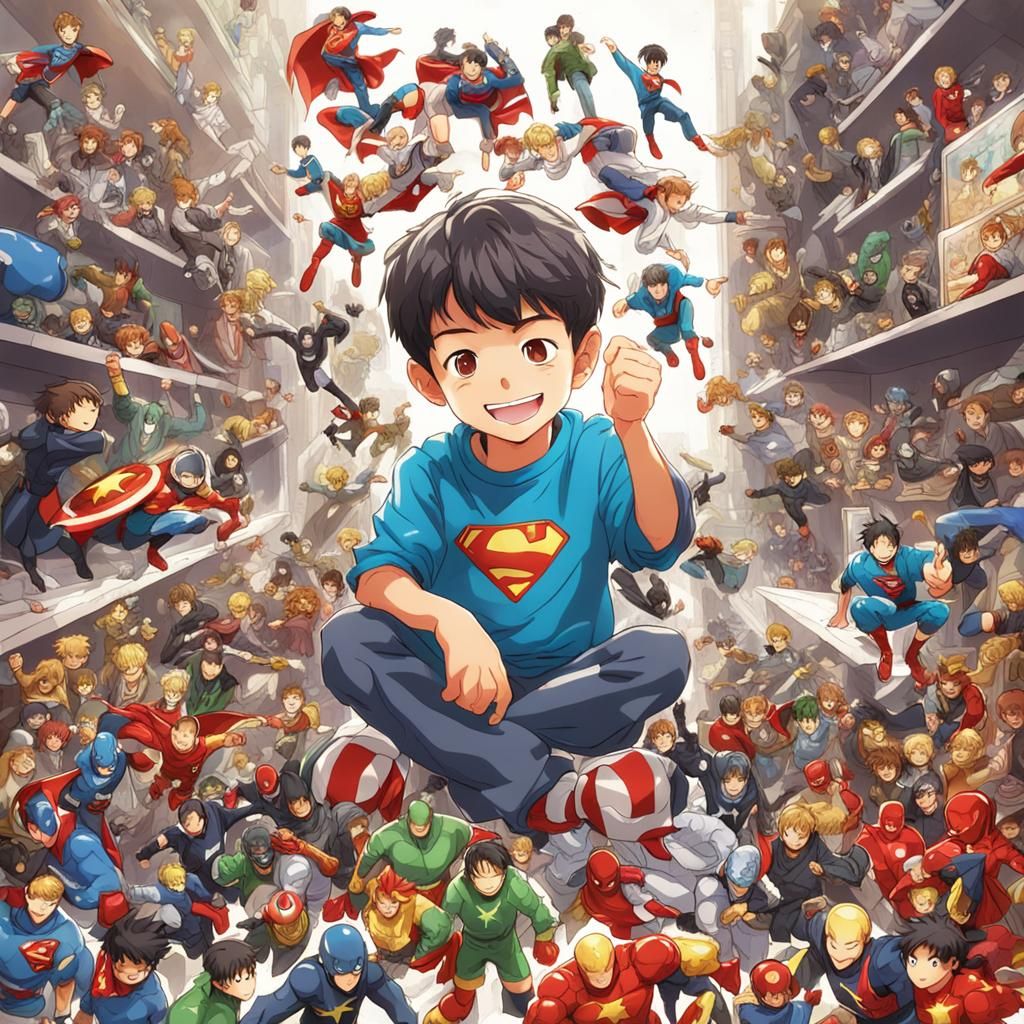 Boy's Joyful Playtime with Superhero Action Figures in Anime...