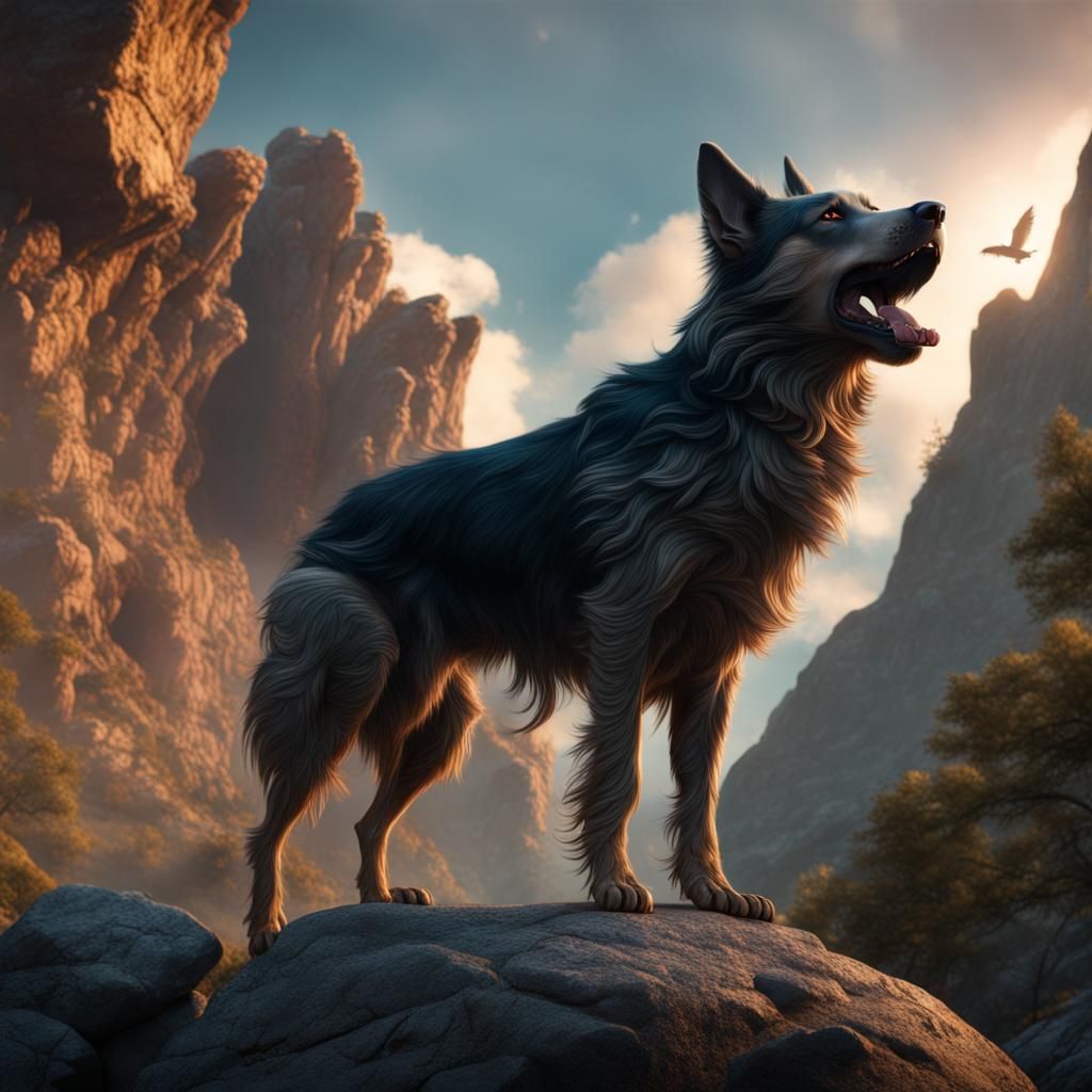Dog Howling into Rock: Detailed Matte Painting