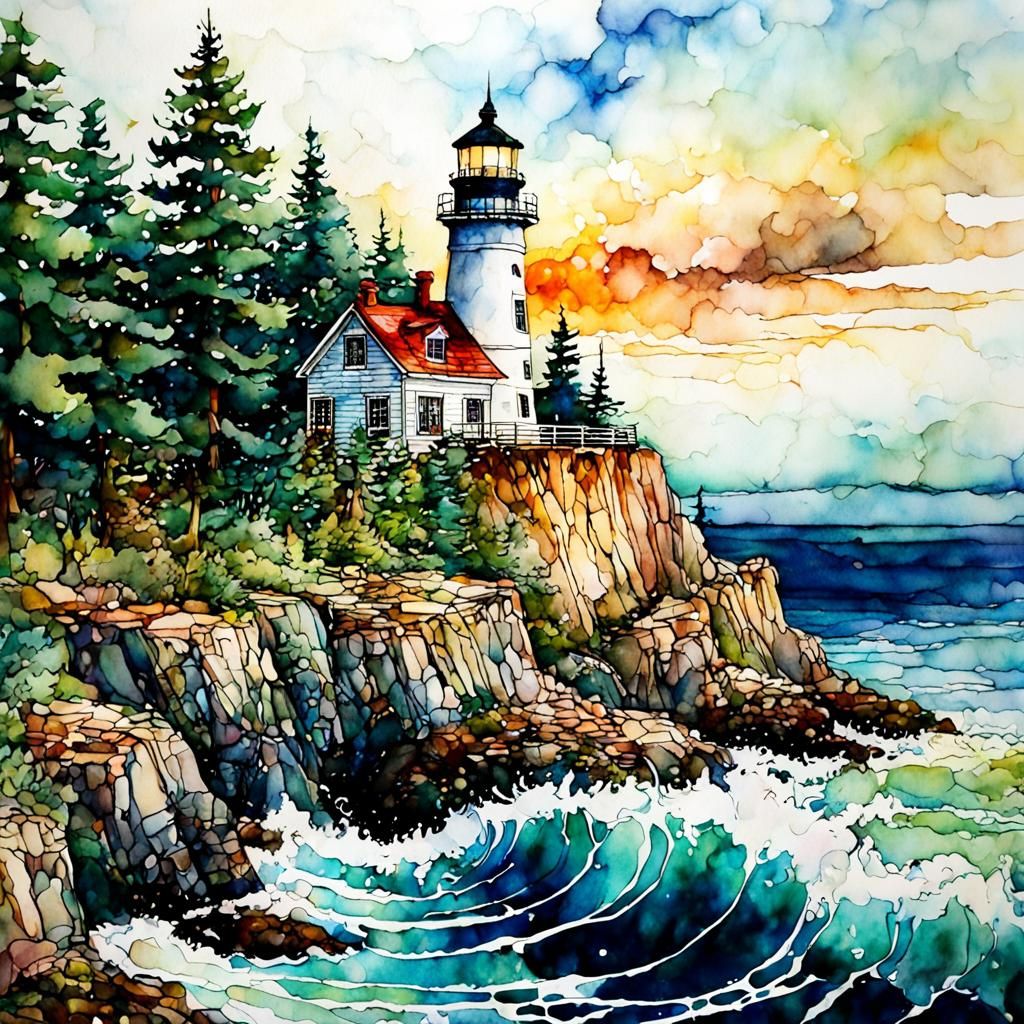 Alcohol Ink Lighthouse on Cliff with Pines