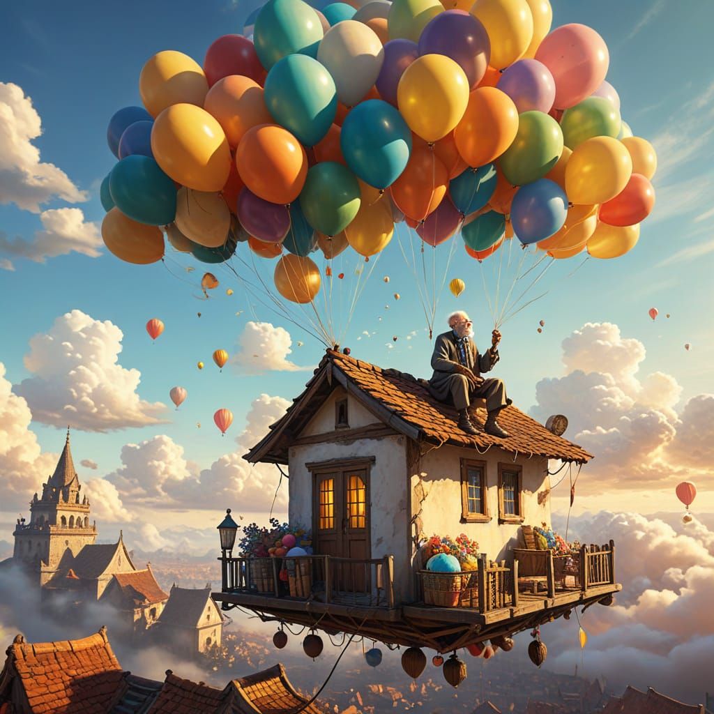 Whimsical House Floating with Balloons in Oil Painting Style