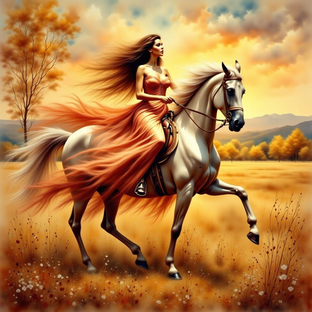 Woman on Stallion in Antique Watercolor Style