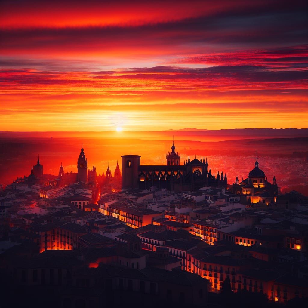 Spanish Cityscape at Sunset with Fiery Sky
