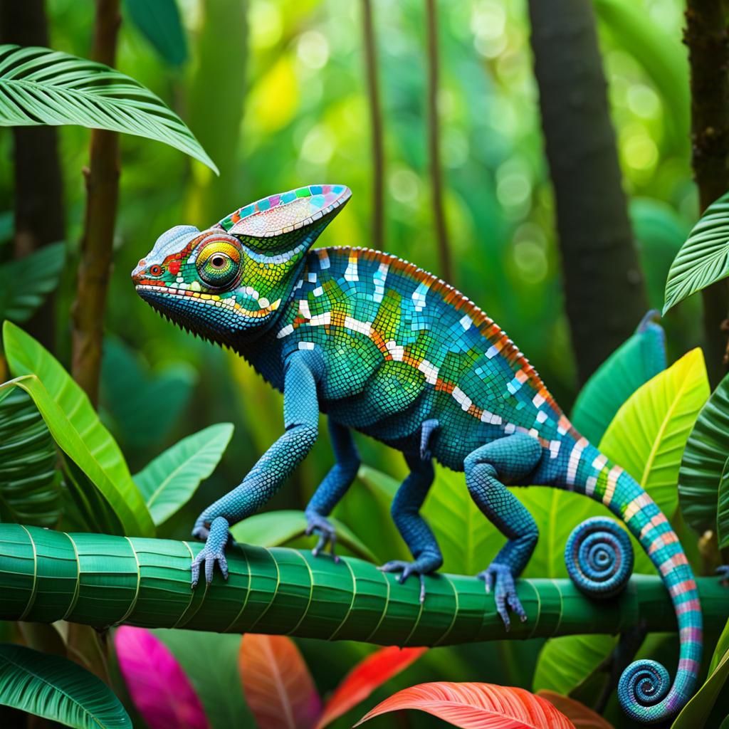 Colorful Chameleon in Mosaic Tile Forest